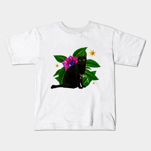 Floral Black Cat Kids T-Shirt by gisselbatres
